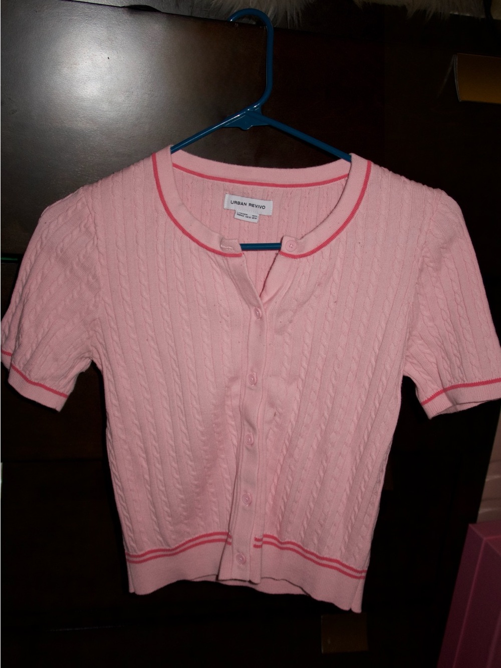 Urban Revivo Pink Short-Sleeve Cable-Knit Button Cardigan